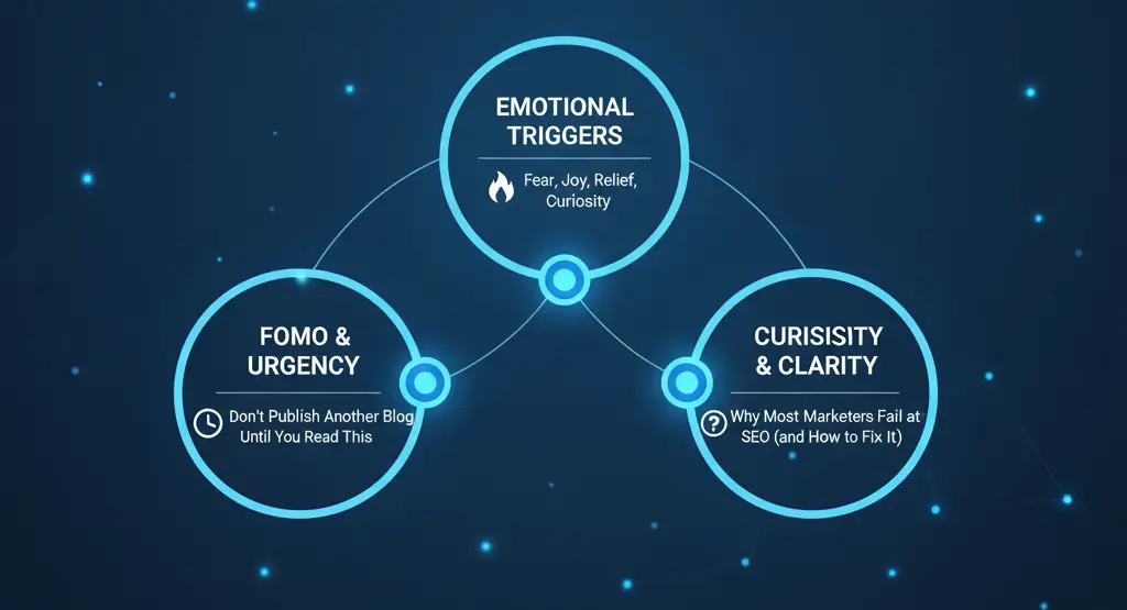 Diagram on using psychology for converting headlines, featuring emotional triggers, FOMO, curiosity with clarity, numbers, power words, and questions.