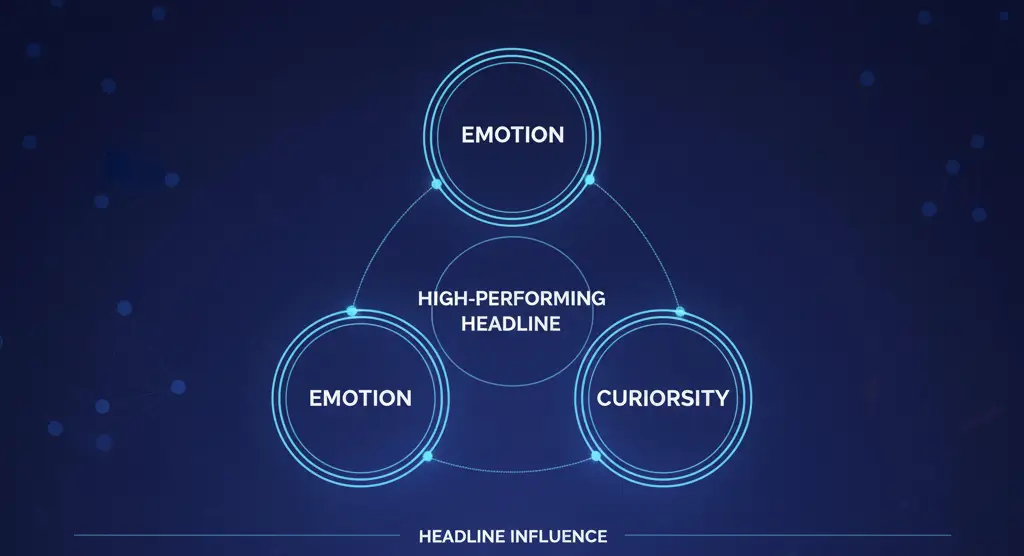 Diagram illustrating key elements of a high-performing headline: emotion, clarity, and curiosity, along with ideal length, keyword optimization, and an example.