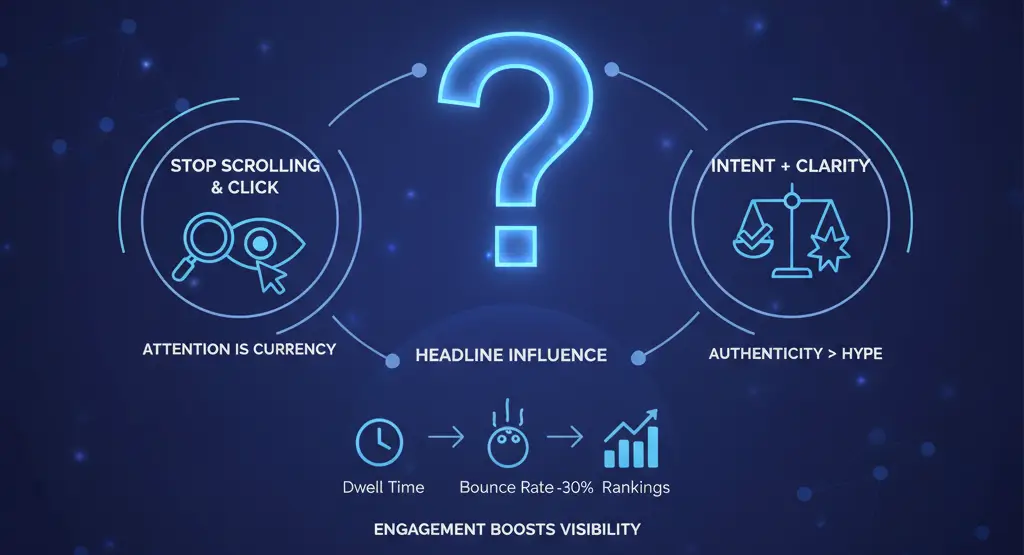 Diagram explaining why clickable headlines matter for SEO and engagement, covering attention, influence on bounce rate and rankings, and the value of intent and clarity over hype.